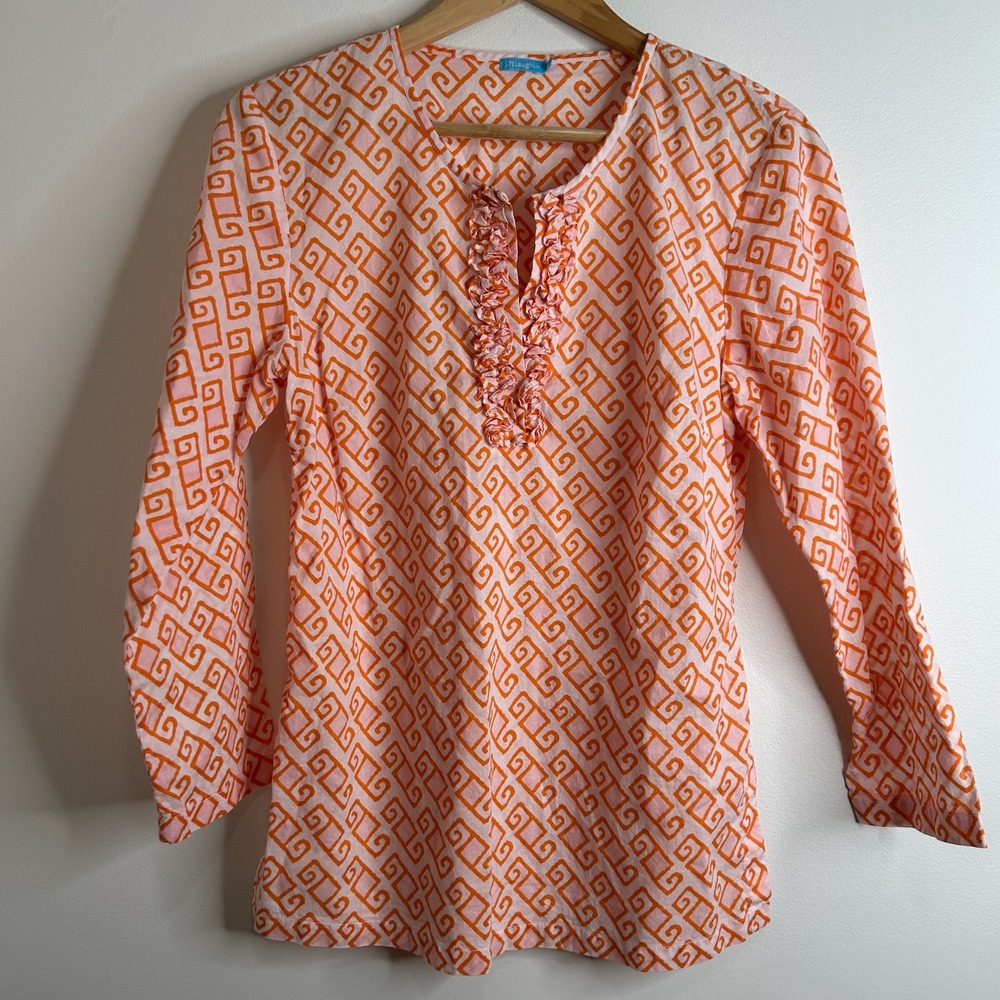 J McLaughlin Orange Pink Geometric Print Ruffle Neck Tunic Top‎ Size S Coastal